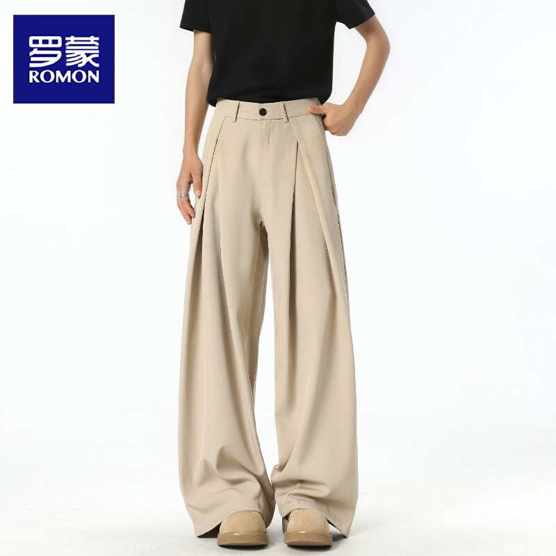 Romon Old Money Style Men's Trousers, American-Style Relaxed Drape A-Line Pleated Floor-Length Pants, Khaki Loose Long Pants