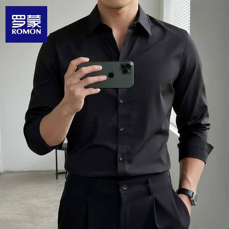 Romon Black Shirt Men's High-End Business Spring and Summer New Style Suit Inner Wear Long-Sleeved Shirt Men's Formal Short-Sleeved Shirt