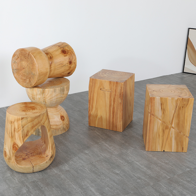 Home Round Tea Table Stool Short brief solid wood edge Several log piers Creative folk Sleeping Swing Pieces Wood Root Carved stools