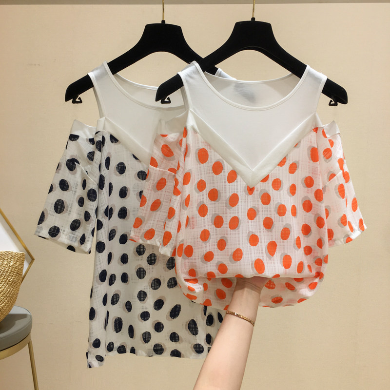Korean design polka dot stitching strapless chiffon shirt women's 2021 summer new Western style small shirt to cover the stomach top