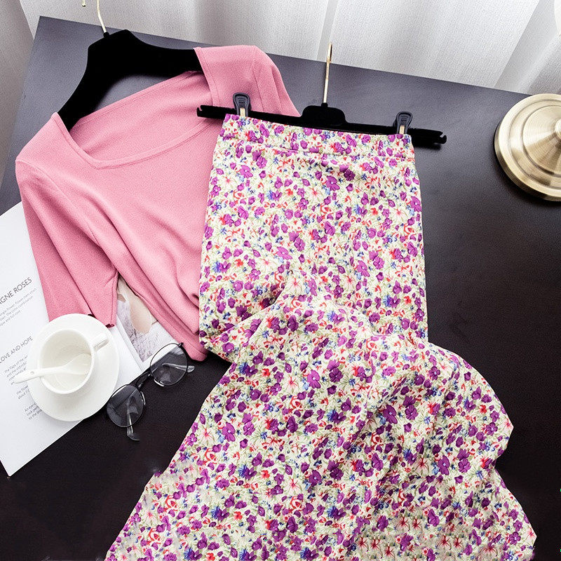 South Korea 2021 New Spring Summer Snow Textile Broken Flowers Half Body Dress High Waist Dresses A-style Hip Conspicu Slim medium long version of skirt