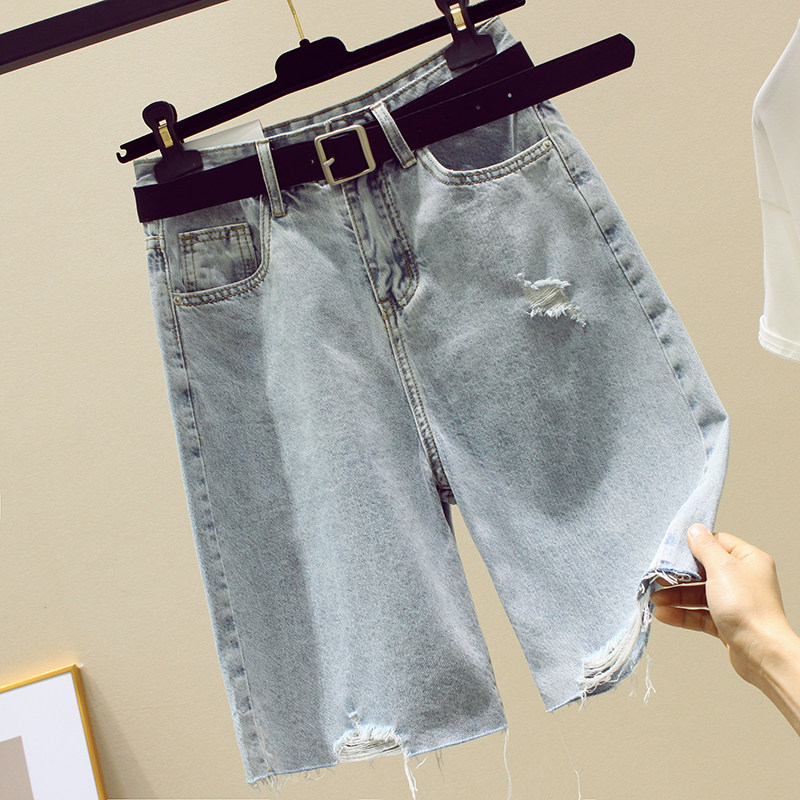 South Korea's high waist hole jeans shorts female five - divide 2021 new loose and thin A - word broad leg tide in summer 2021