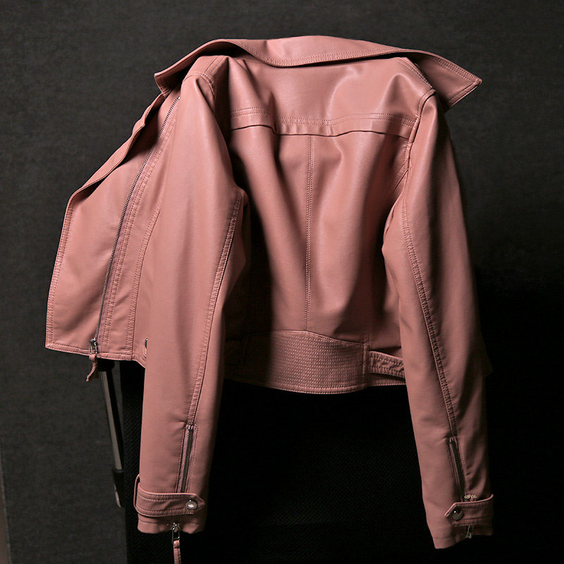 Korean leather jacket women's short small jacket 2022 new pink spring and autumn ladies motorcycle slim leather jacket tide
