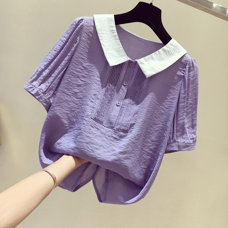 South Korean doll collar snow-covered women short sleeves 2021 new summer loose foreign pie cardiovert blouses blouses