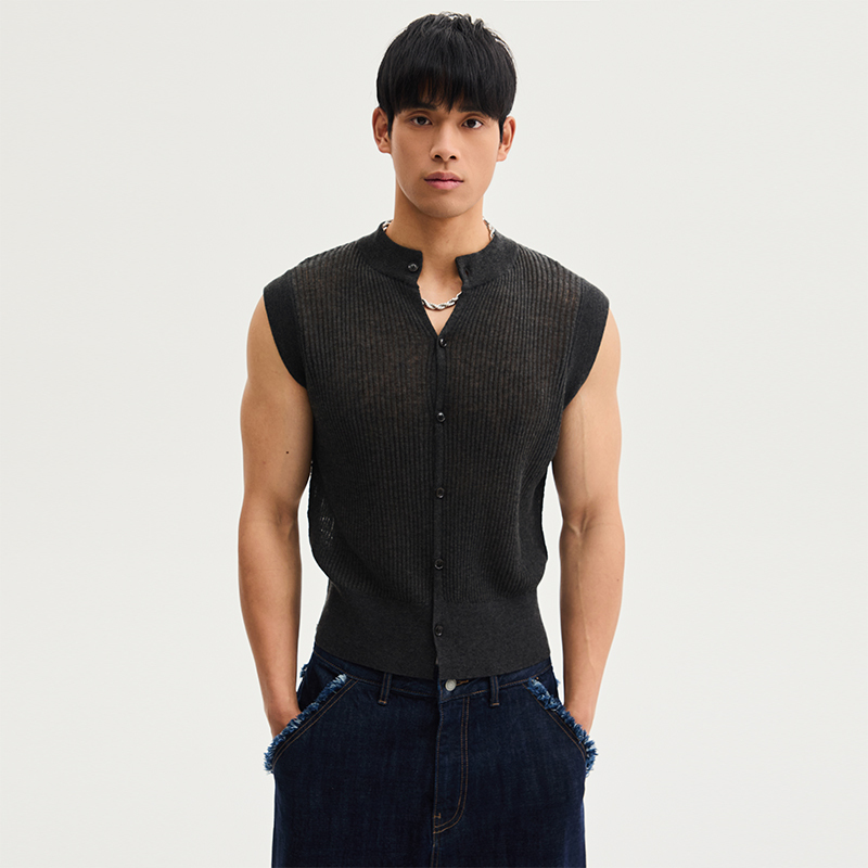 Southstudio Knitted Vest Dark Gray Summer 26 Unisex Cardigan Two-Tone Woven Short Sleeve
