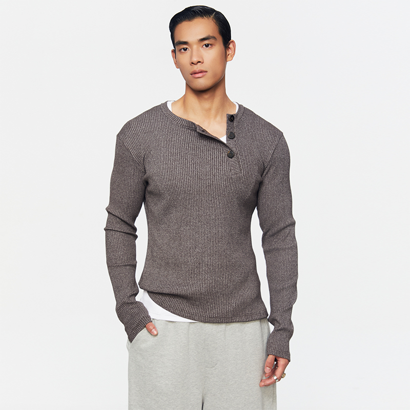 Southstudio Base Sweater, Unisex, New for Spring, Henry-Style Diagonal Neckline, Gray Striped Knitwear