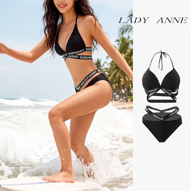 Lady Anne's New Sexy Lace-Up Black Letter Three-Point Bikini Women's Hot Spring Vacation Swimsuit