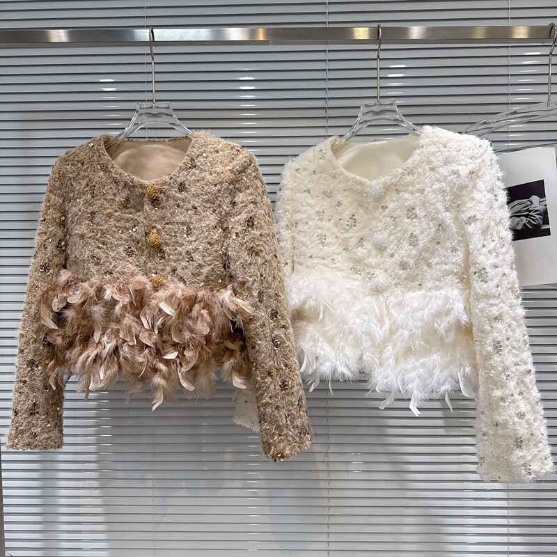 Trendy Luxury-Style Celebrity Feather-Trimmed Hem Sequin Patchwork Plush Wool Short Coat