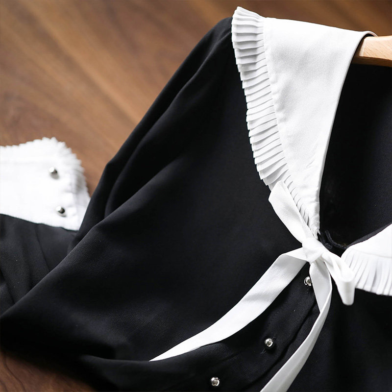 Impulsive pure ~ knock-down age ~ Pressed Pleats Navy Collar Heavy Pound Mulberry Silk Black Real Silk Blouse Blouse