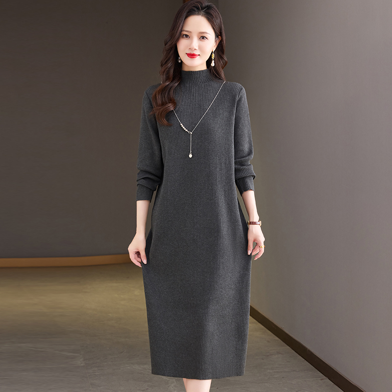 Hengyuanxiang Autumn and Winter Women's Mid-Length Dress Round Neck Pullover Wool Cashmere Knitted Base Dress Thick Sweater Dress