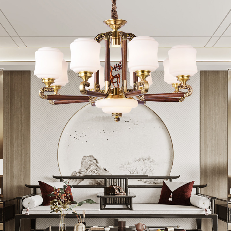 New Chinese Pendant Lamp Full Copper Solid Wood Living Room Lamp Classical Atmosphere China Wind Dining Hall Vintage Villa Duplex