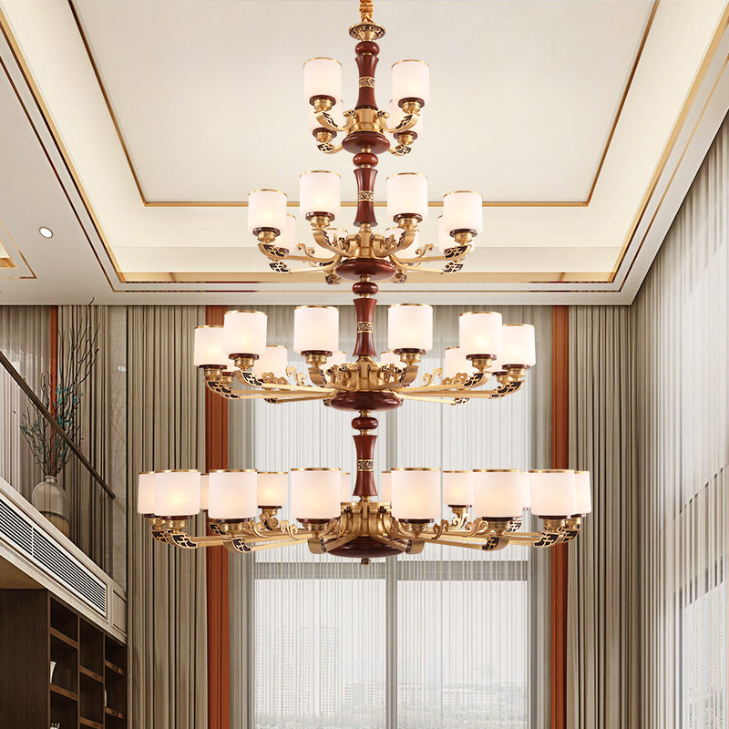 Duplex Building Large Chandelia Villa Living Room Full Copper Solid Wood New Chinese Style Floor Middle Floor Hollow Pick Up Empty Hall Lamps