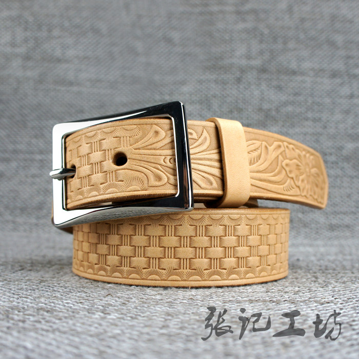 Men Belt Retro Fashion Tide Pure Bull Leather Head Laminated Flower Tide Casual 100 lap width minimalist Jeans Belt