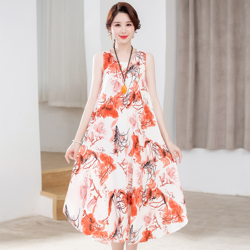 Young Mother's Summer Cotton Silk Dress, Feminine and Sweet, Large Size, Loose Sleeveless Vest, Large Hem Beach Dress