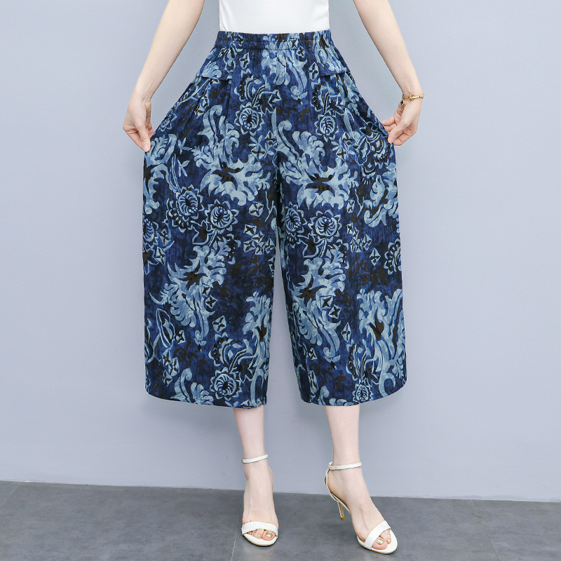 New Style Cotton Wide-Leg Pants for Middle-Aged and Elderly Women, Summer Fashion Mom-Style Cropped Pants, Casual Cotton Silk Pants