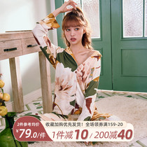 Saqier hidden pajama suit Womens thin long-sleeved trousers Cotton silk printed ice silk casual home clothes can be worn outside