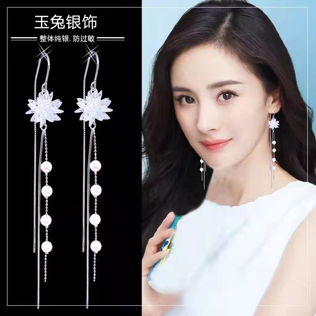 s925 pure silver long version pearl streaming suearrings anti-allergenic Korean temperament Icing Ears Pendant Super Fairy's Ear Pendant