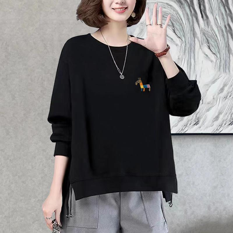 Korean Style Pure Cotton Sweatshirt for Women, Plus Size, Autumn and Winter, Loose New Style Top, Long Sleeve, Round Neck T-Shirt, Slit Jacket