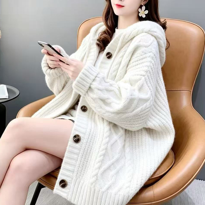 Korean Style Autumn and Winter Lazy Retro Hooded Sweater Cardigan Large Size Twist New Knitwear Loose Women's Coat