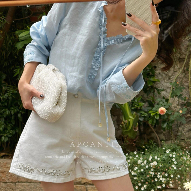 Nanyou 100% Ramie Ruffled Edge Shirt for Women, Summer 2026, Beaded Embroidered Cuffs, Loose V-Neck Long-Sleeve Sun Protection Top