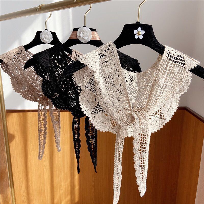 Summer Thin Sun-Protective Lace Jacket with Hollow Design, Versatile Fake Collar, Outerwear Scarf, Small Shawl, Crochet Linen Triangle Scarf