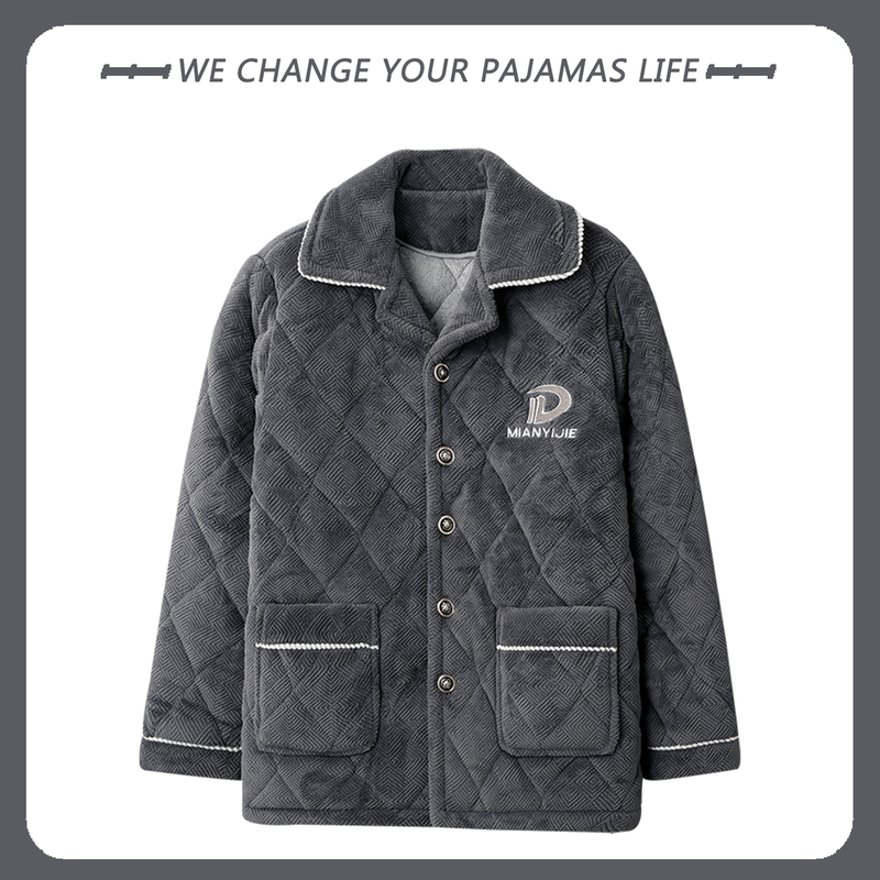 Men's Pajama Top, Thickened for Winter, Fleece-Lined, Coral Fleece, Warm, Three-Layer, Large Size, Extra Thick, Cardigan, Quilted Jacket