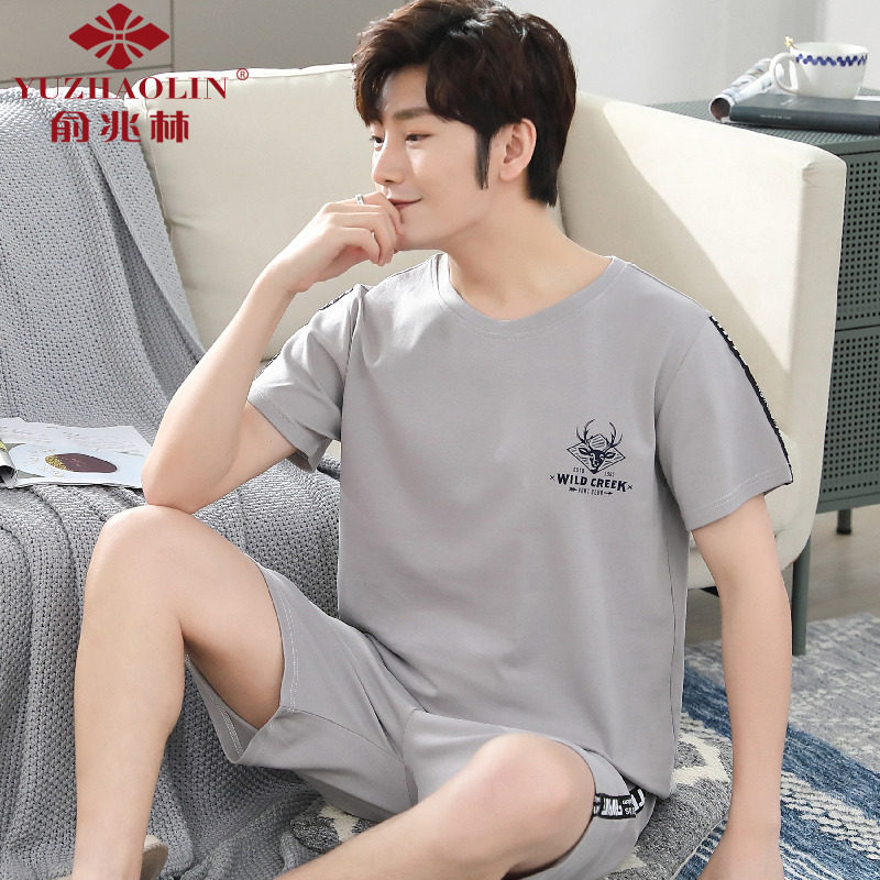 Yu Zhaolin summer men's pajamas short-sleeved cotton thin section plus size loose suit teenager student home clothes