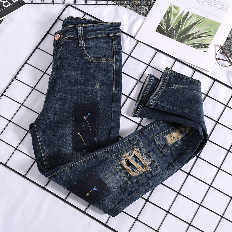Dark blue lacquered dot cloth with jeans Women 2022 Spring and autumn new Korean version Broken Hole Tight elastic narrow footed pants
