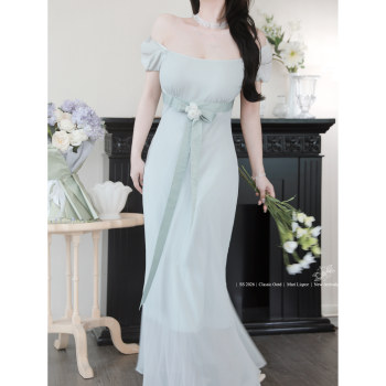 New product discount cyan scale ancient beauty imperial style retro bias-cut waist short sleeve summer dress