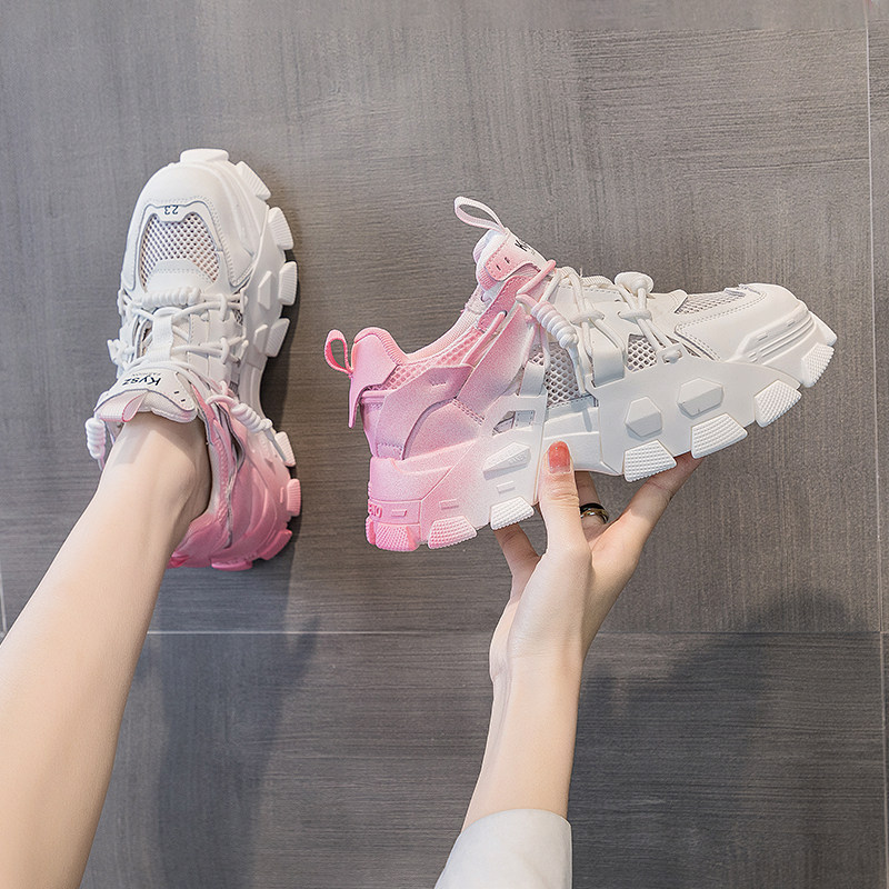 Full of Teenage Hearts ~ Summer New Pink Old Daddy Shoes Women 100 Hitch Breathable Mesh Shoes Thick Bottom Heightening Small White Shoe Tide