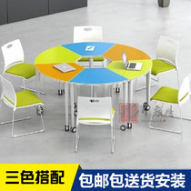 Bag Mounted Color Splicing Combined Table And Chairs Round Hexagon Group Assistant Table Multifunction Classroom Desk And Chairs Mobile Table