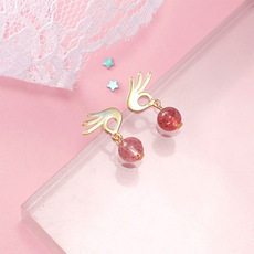 Серьги s925纯银首饰 天然草莓晶ok手势耳钉 樱红色深粉色透明水晶耳饰品 Urshar