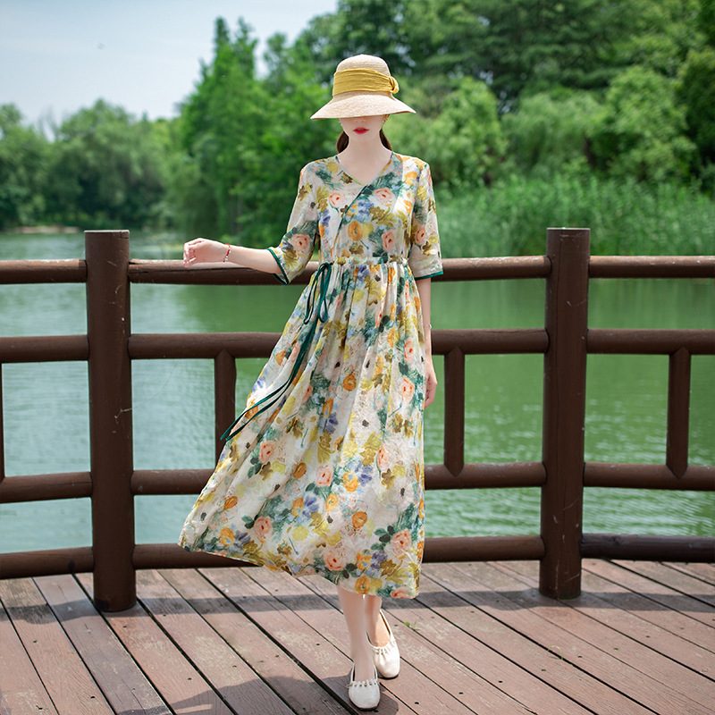 Summer Cotton and Linen Printed Artistic Short-Sleeved Dress, Large Size, Loose, Age-Reducing, Drawstring Waist, Over-The-Knee, Long Skirt for Women Summer Cotton and Linen Printed Artistic Short-Sleeved Dress, Large Size, Loose, Age-Reducing, Drawstring Waist, Over-The-Knee, Long Skirt for Women