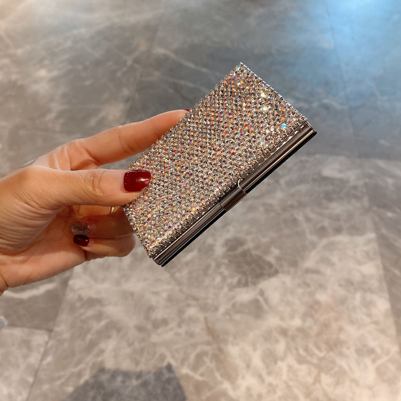 Trendy Personalized Diamond-Encrusted Stainless Steel Velvet-Lined Bank Card Holder, Company Personal Business Card Storage Holder, Trendy Brand