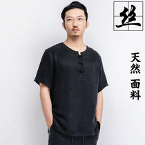 Chinese style retro mens copper ammonia silk short sleeve round neck T-shirt summer thin Chinese silk half sleeve T-shirt
