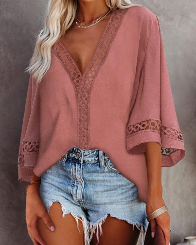 Summer  New V-neck Hollow Lace Shirt in Shirts & Blouses