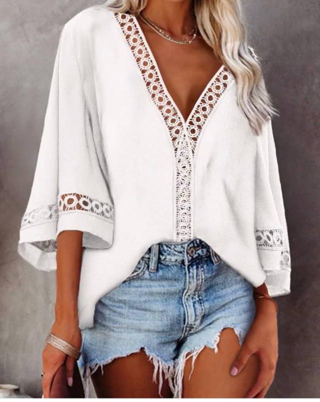 Summer  New V-neck Hollow Lace Shirt in Shirts & Blouses
