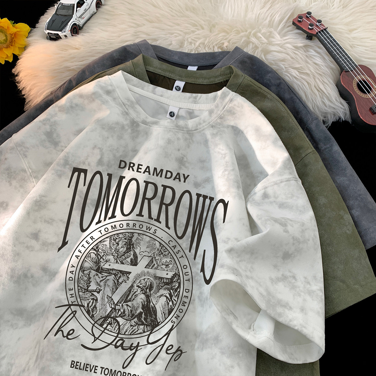 Мужская футболка с короткими рукавами в стиле американского ретро tie-dye, молодежная свободная футболка с короткими рукавами для хай-стрит, большой размер, круглый вырез, модный топ-футболка