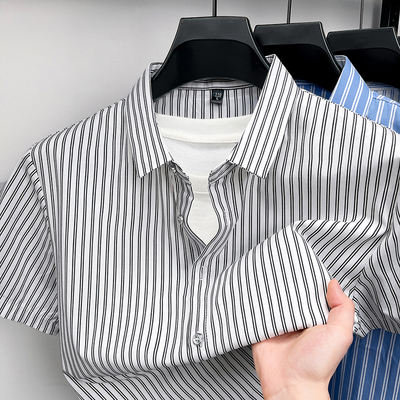 100% pure cotton casual style men's striped short-sleeved shirt, comfortable and breathable for middle-aged and young people, business versatile shirt for summer