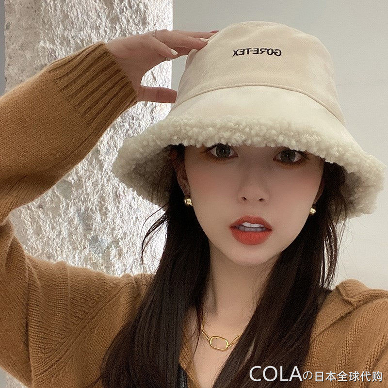 Japanese GP double-sided hat female lamb plush fisherman hat warm face small basin hat autumn and winter all-match tide