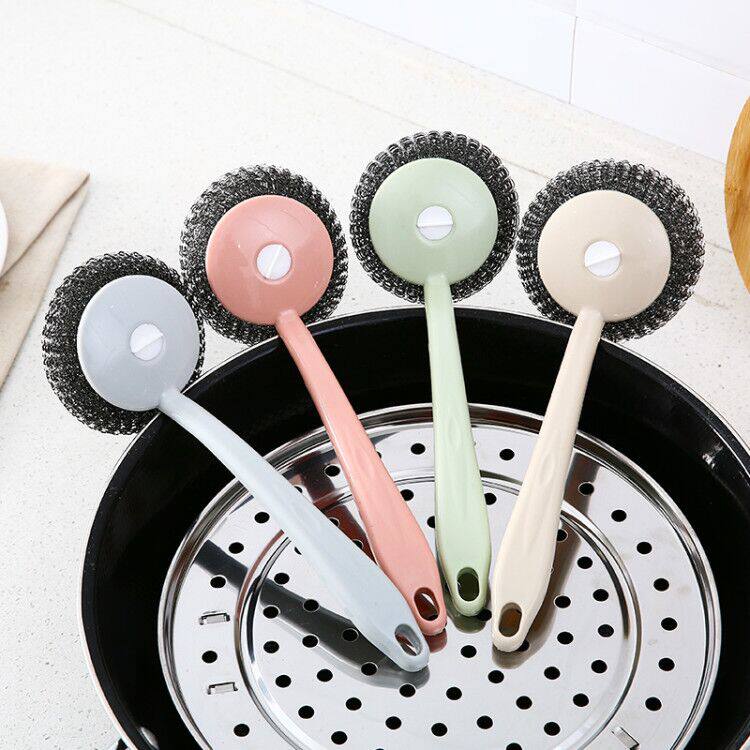 Decontamination long handle steel wire ball dishwashing pan brush domestic kitchen stainless steel cleaning ball sink hearth cleaning brush