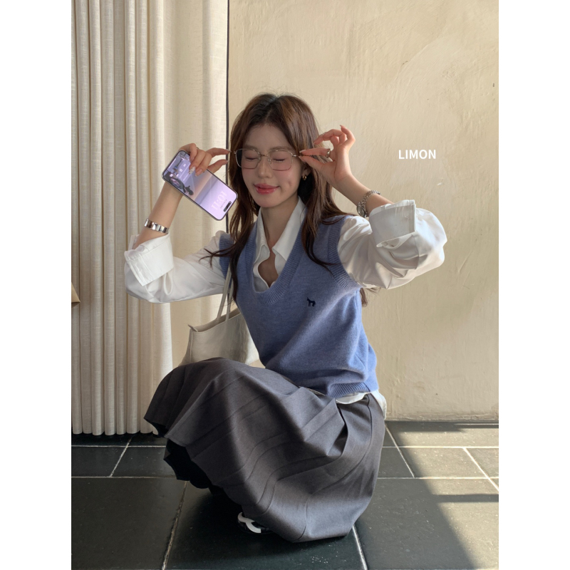 Lemon Green Tea - Scottish Love Letter Korean Style Layered Outfit ~ Commuting V-Neck Embroidered Vest Versatile Shirt Set