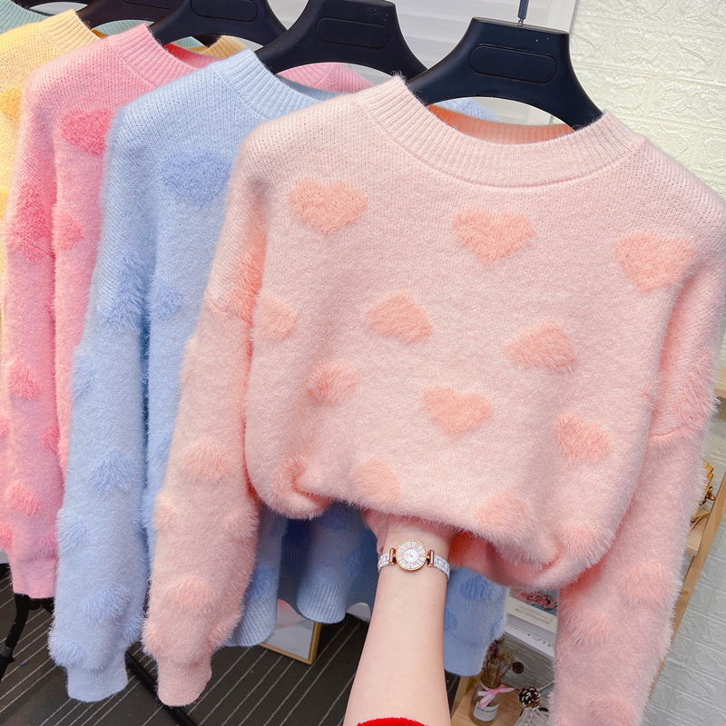 Sweet and Heartwarming Mink Fur Sweater for Women, Stylish and Versatile for Autumn and Winter, Thickened and Warm Mohair Base Knitwear