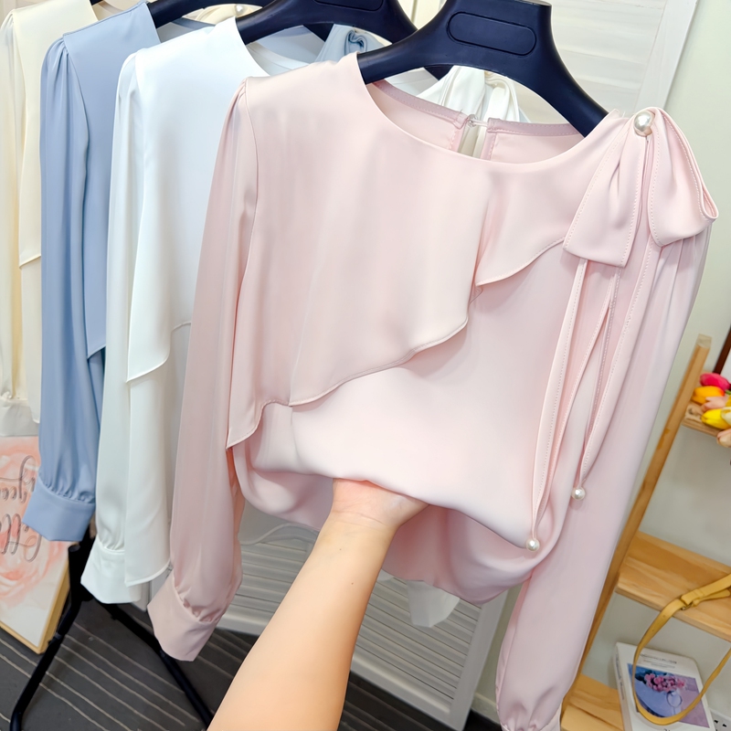 Ruffled Round Neck Acetate Satin Chiffon Shirt for Women, New Spring and Autumn Style, Tie Bow, Loose Base Shirt Top Ruffled Round Neck Acetate Satin Chiffon Shirt for Women, New Spring and Autumn Style, Tie Bow, Loose Base Shirt Top