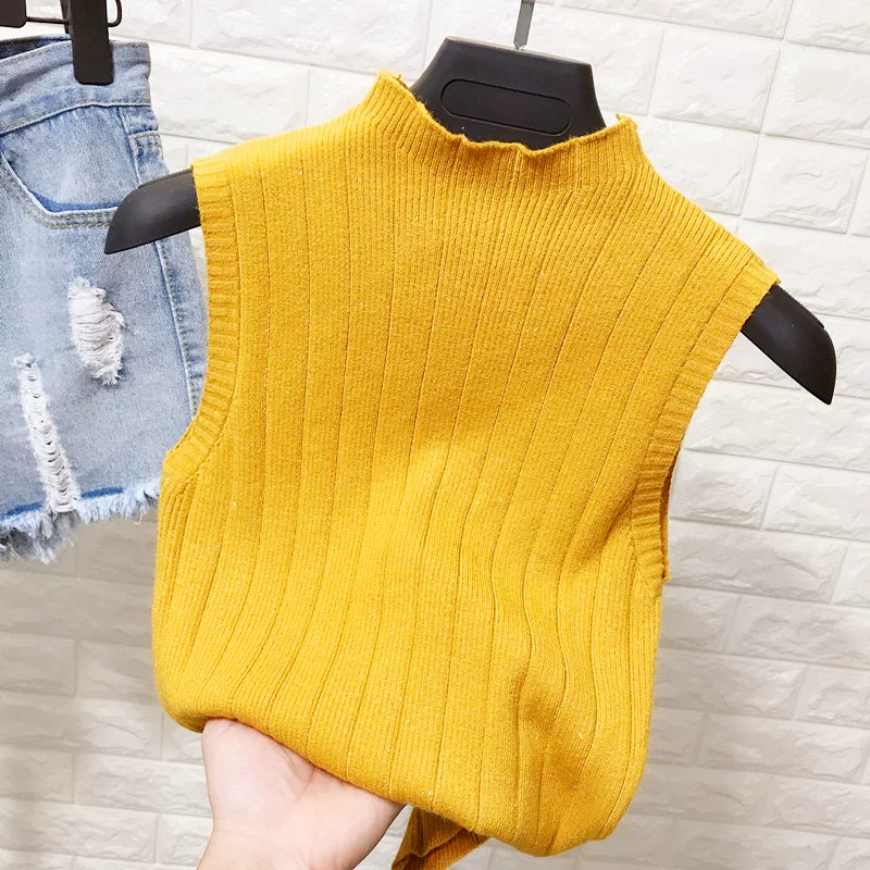 Một nửa cổ áo lụa sáng màu không tay áo len nữ mùa thu mỏng cơ thể bạc sling áo đáy mặc khí chất hàng đầu đồ bơi nữ kín đáo