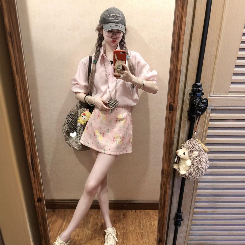 Korean Style Gentle Casual Sportswear Suit for Women, Summer Loose Sun Protection Shirt, Floral Short Skirt, Sweet Girl Two-Piece Set