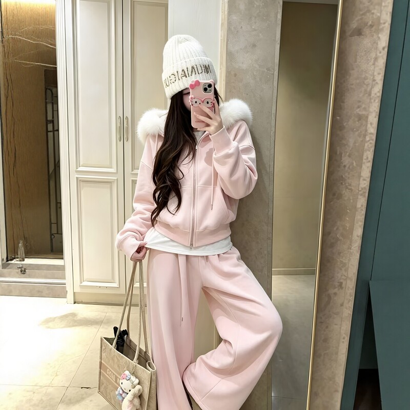 Korean Style Lazy Style Fur Collar Hooded Sweatshirt Sports Suit for Women Autumn and Winter Pink Wide-Leg Pants Loose Casual Two-Piece Set