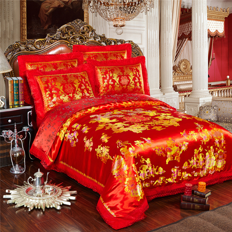 Wedding kit four-piece set Chinese traditional wedding kit China red four-piece set dyed jacquard dragon phoenix set