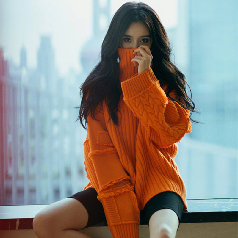 sandro Duffy spring new star Yang Mi same orange turtleneck pullover sweater loose knitwear women