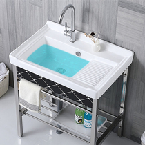 Balcony ceramic laundry basin with right washboard washbasin household ultra-deep laundry sink ceramic basin